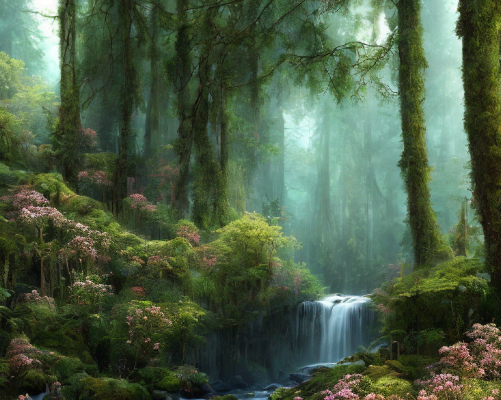 Tranquil forest with waterfall, moss, and misty trees