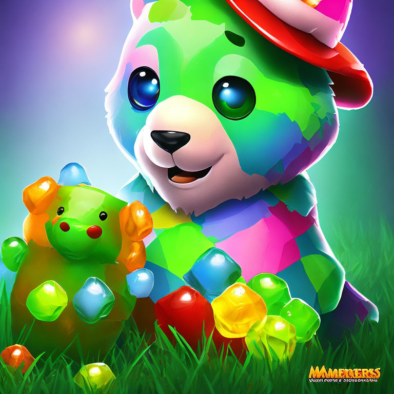 Rainbow-patterned bear with party hat holding gummy bear in whimsical scene