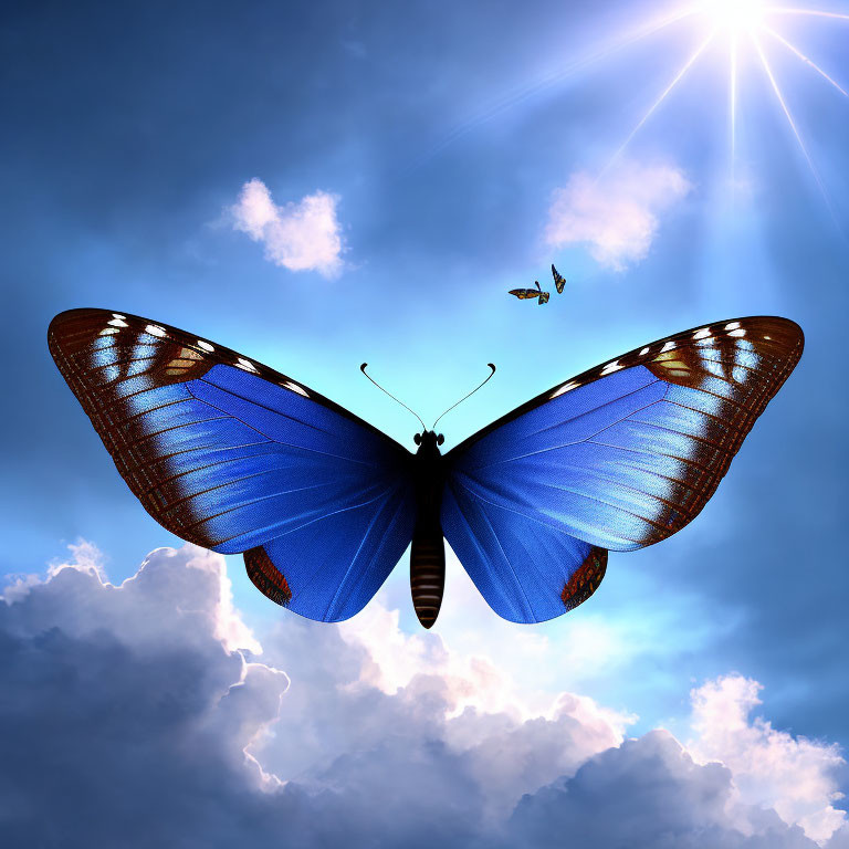 Vibrant blue butterfly flying in blue sky with sun and clouds