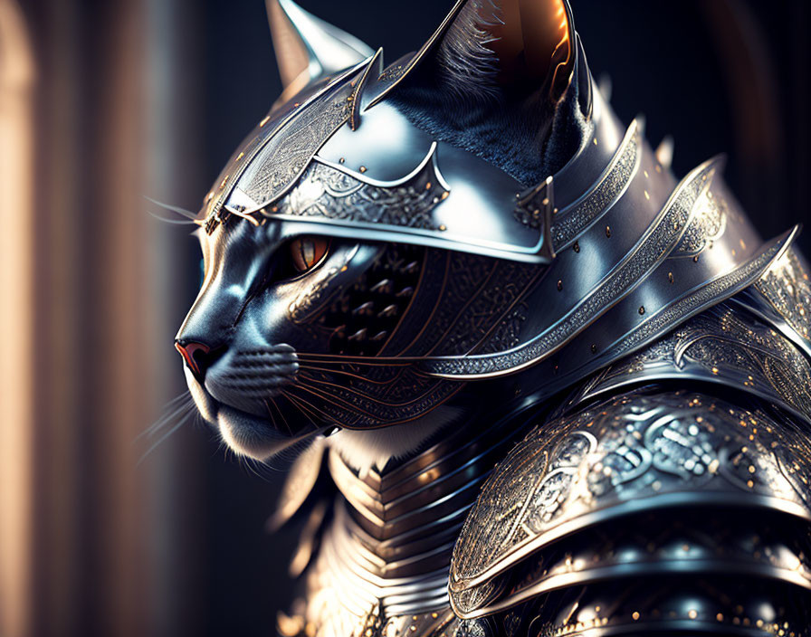 Digital artwork: Cat in medieval armor with intricate designs