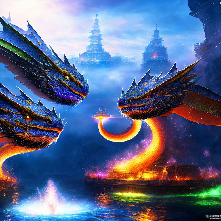 Majestic dragons by mystical river with traditional boat and glowing palace