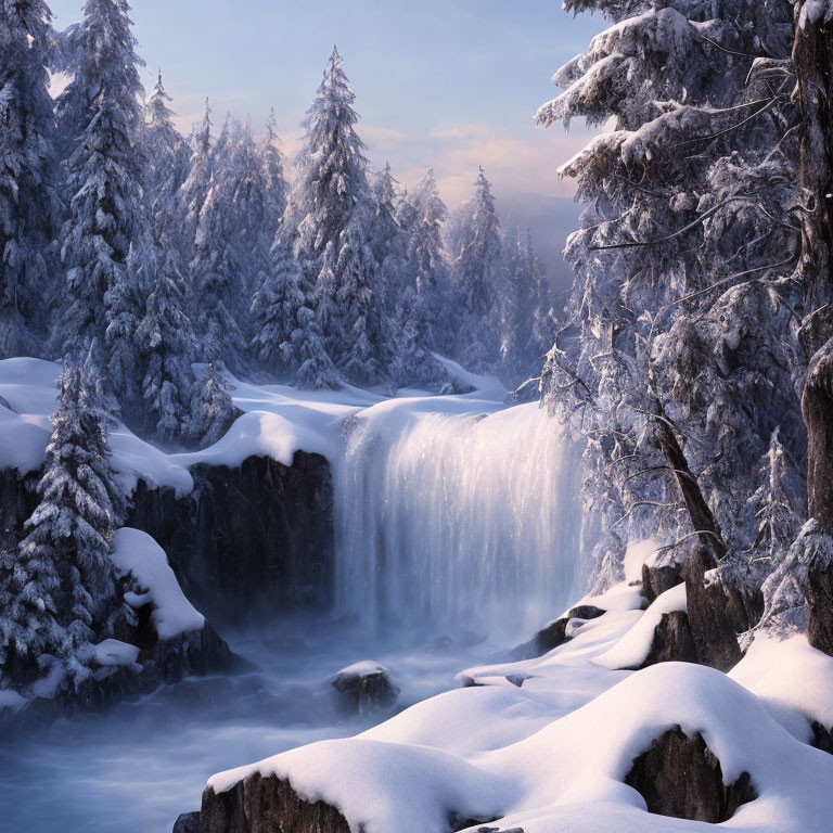 Snow-covered trees and misty waterfall in serene winter scene