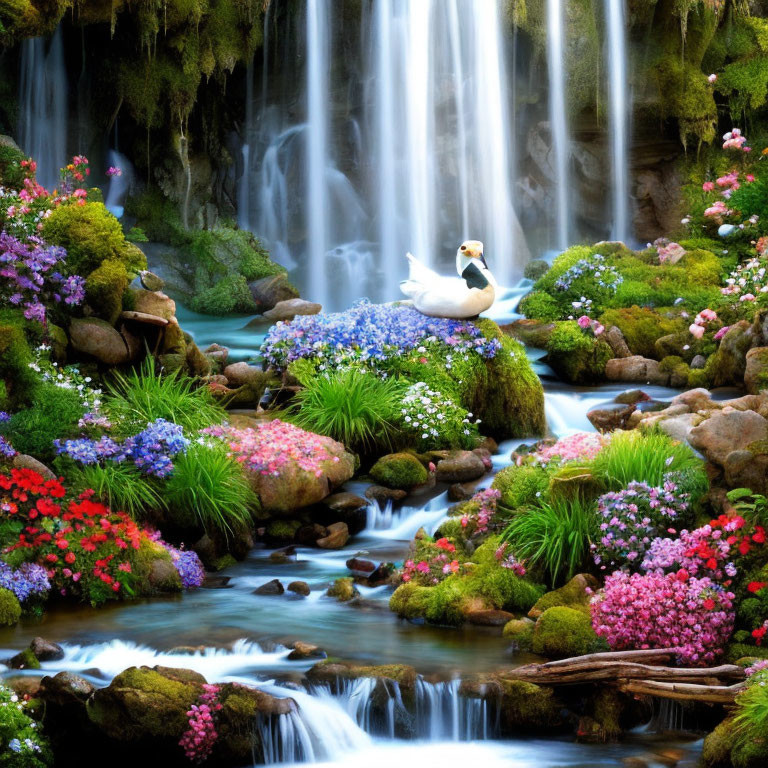 Tranquil waterfall scene with vibrant flowers, greenery, and white swan