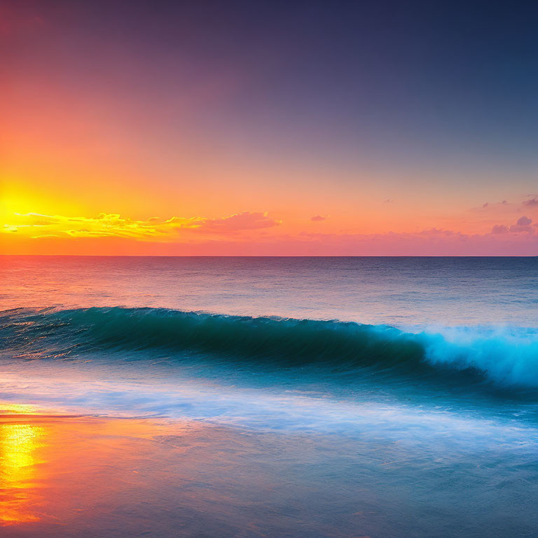 Colorful Ocean Sunset with Cresting Wave in Orange, Pink, and Blue Sky