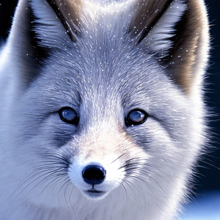 Arctic fox with piercing blue eyes and white fur coat on chilly blue backdrop