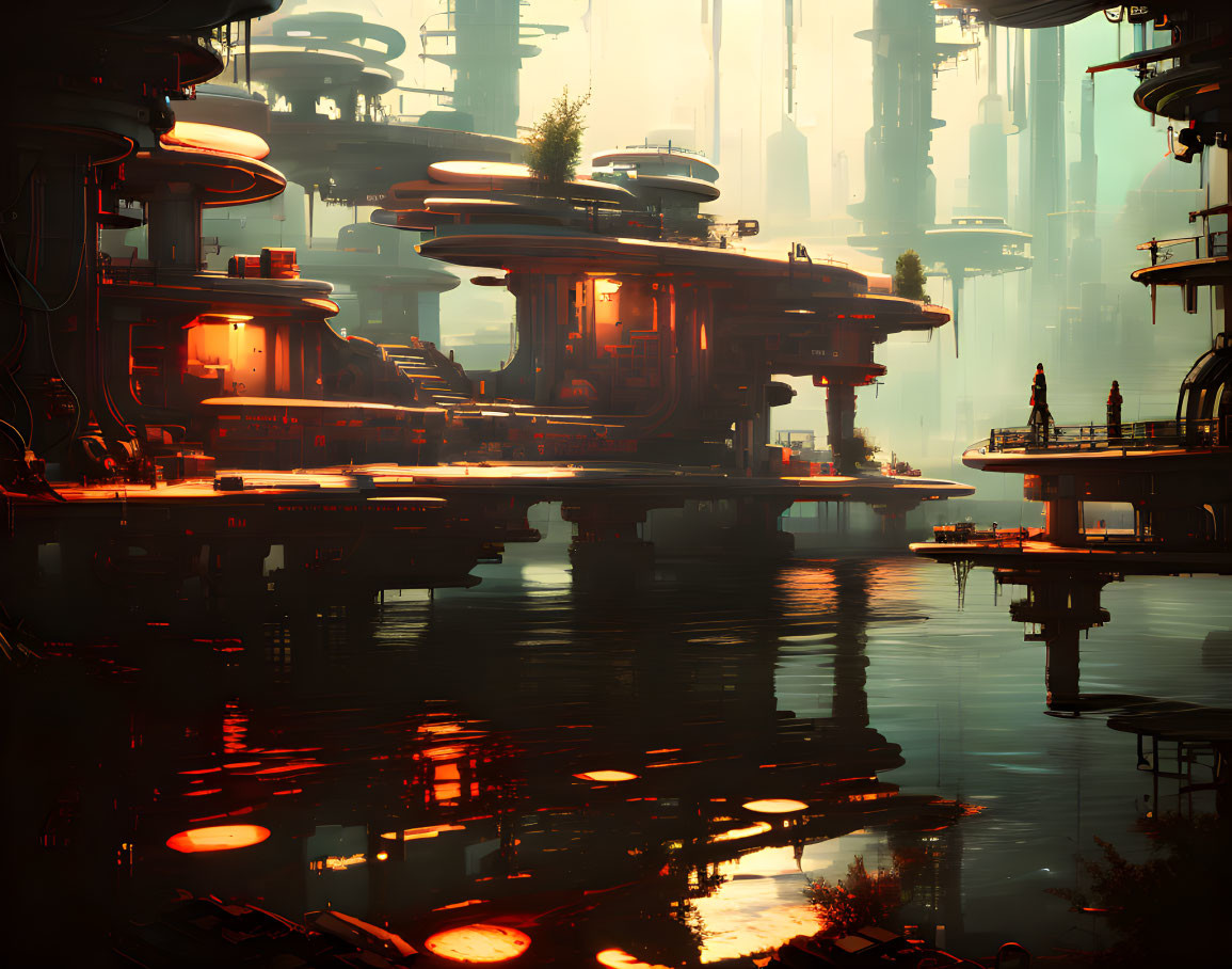 Futuristic cityscape with towering structures and orange lights reflected in water