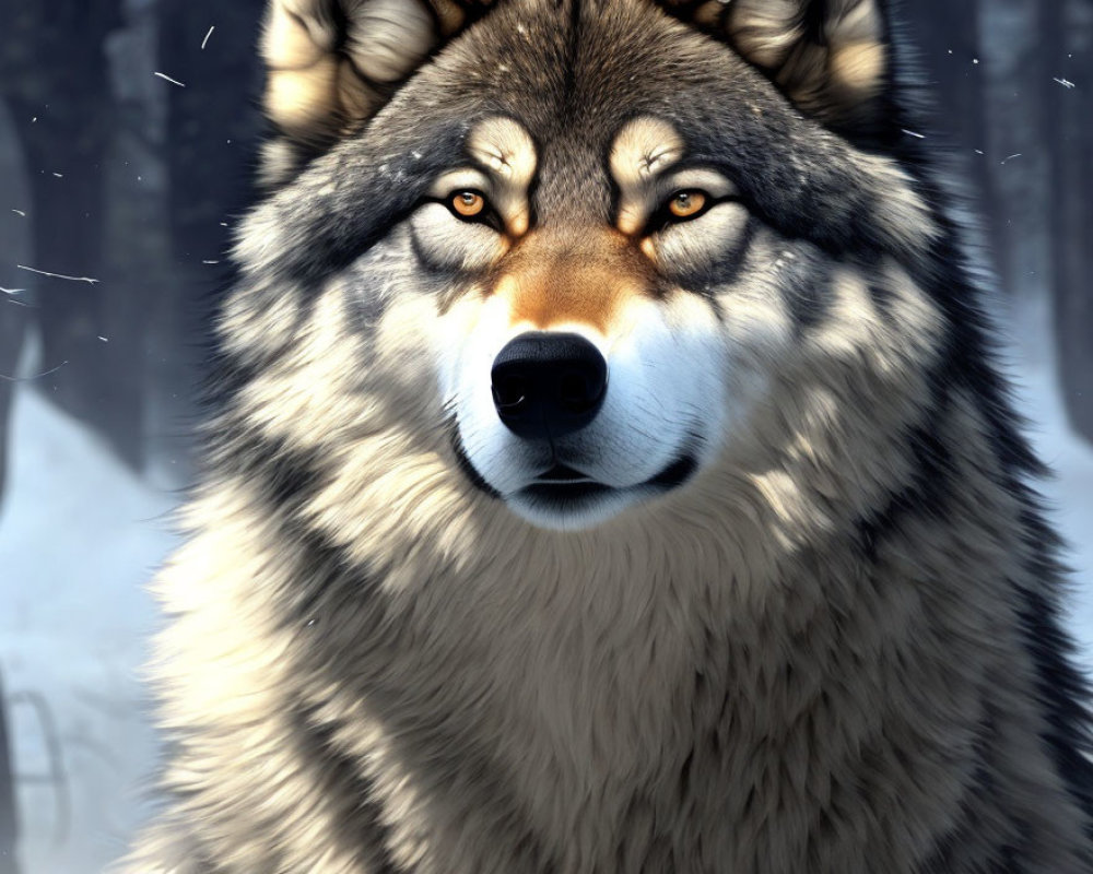 Realistic animated wolf with piercing eyes in snowy forest setting