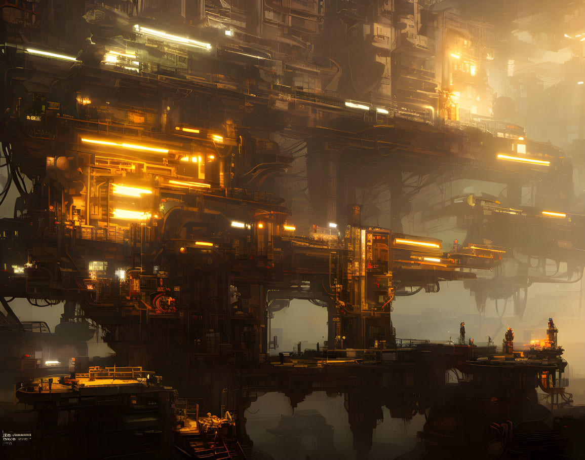 Detailed futuristic cityscape with glowing structures and complex machinery reflected in water.