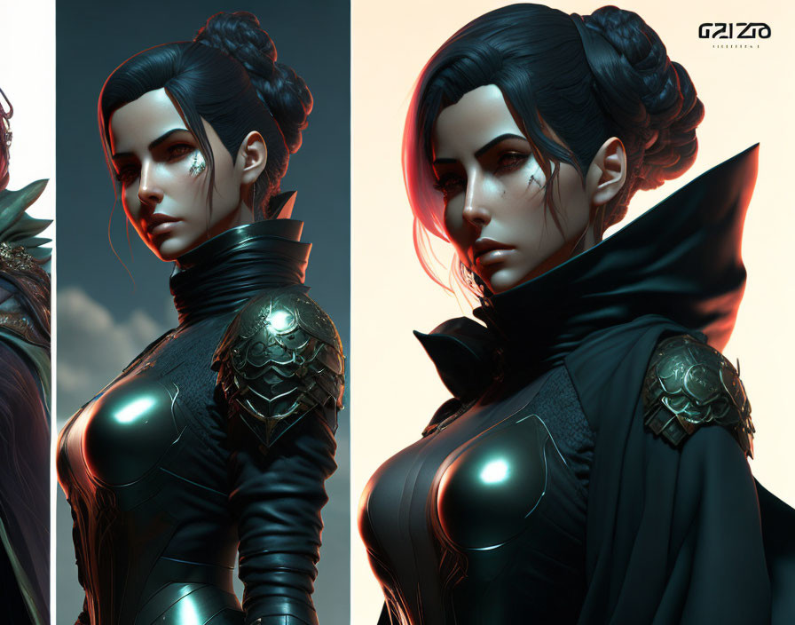 Digital artwork: Dark-haired woman in futuristic armor with high collar and metallic shoulder pieces