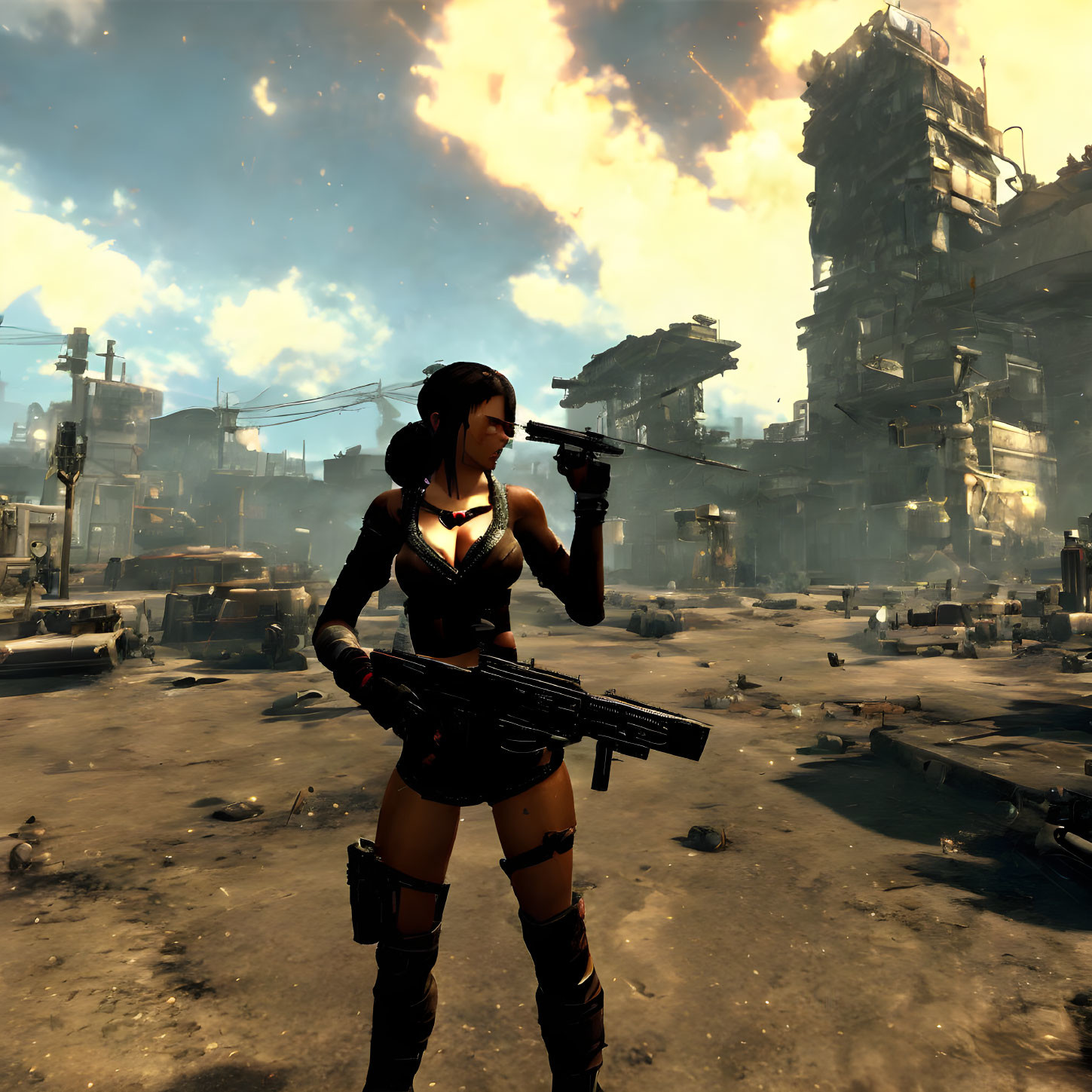 Female video game character with rifle in dystopian cityscape.