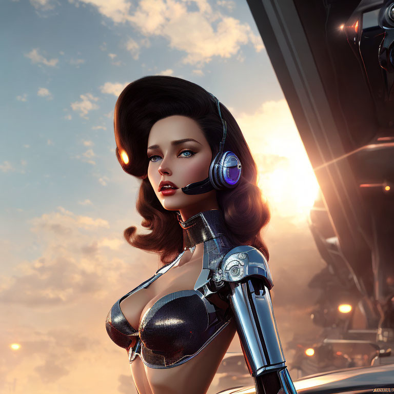 Hyper-realistic female android with human-like face, mechanical arm, and futuristic headset against cloudy sky.