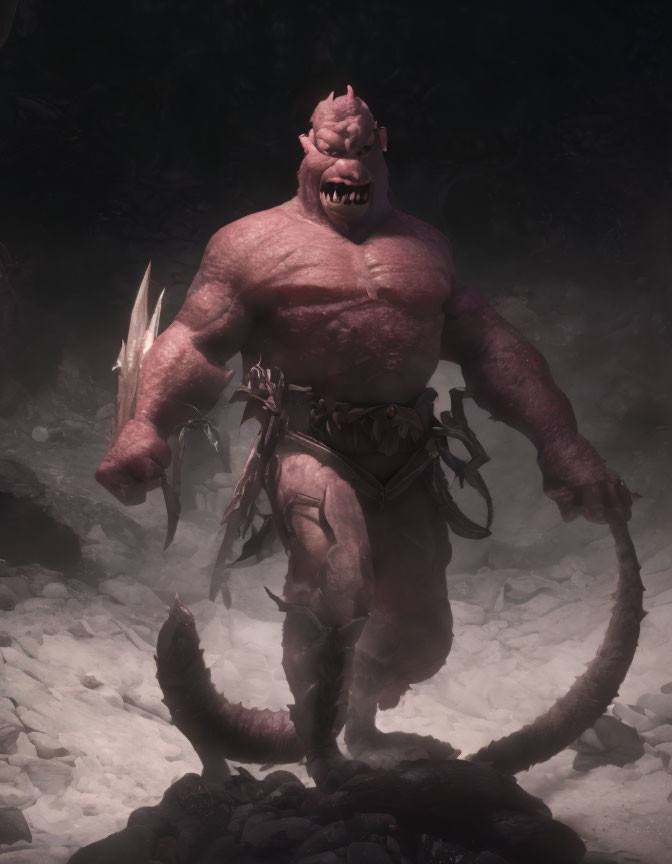 Red-skinned horned humanoid wields crystal weapon in dark rocky setting