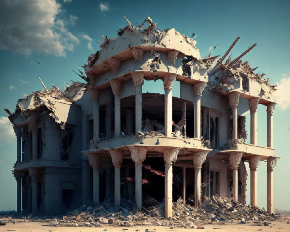 Abandoned two-story building with exposed columns under hazy sky