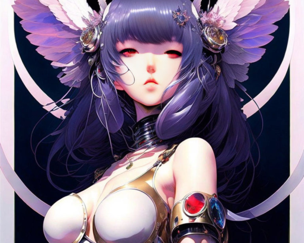 Purple-haired animated character in robotic armor with white wings and red eyes, in circular design.