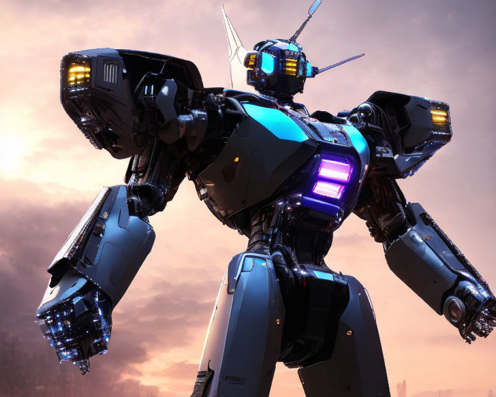 Giant blue and black robot with glowing eyes against dusky sky