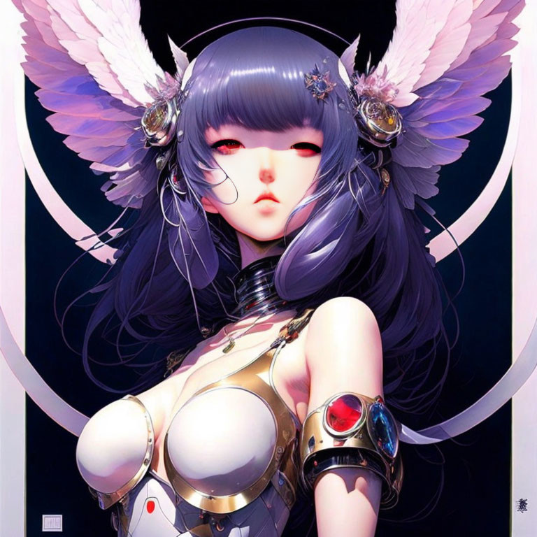 Purple-haired animated character in robotic armor with white wings and red eyes, in circular design.