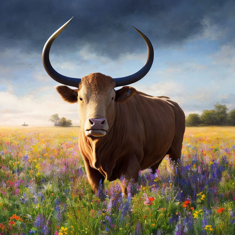 Majestic brown bull with long curved horns in vibrant wildflower meadow