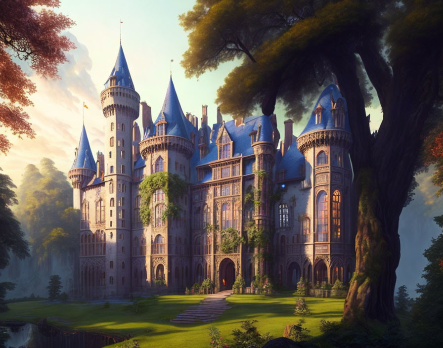 Majestic fairytale castle in lush forest under warm sunlight