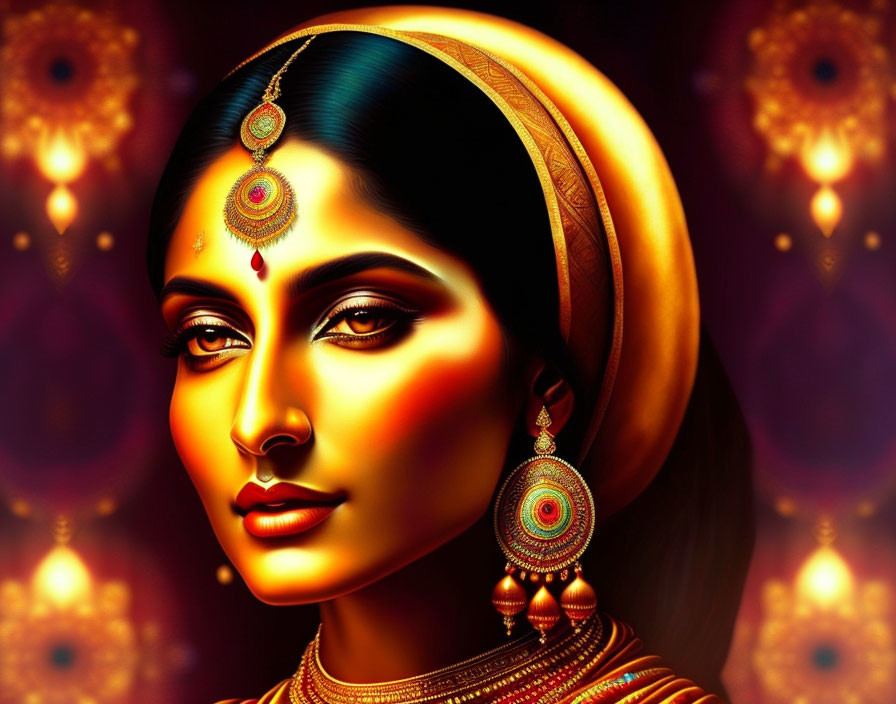 Traditional Indian Attire Digital Artwork with Warm Golden Hues