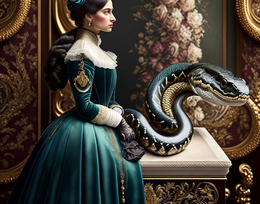 Victorian woman in teal dress with snake on ornate backdrop