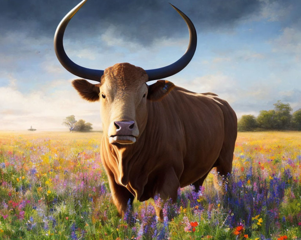 Majestic brown bull with long curved horns in vibrant wildflower meadow