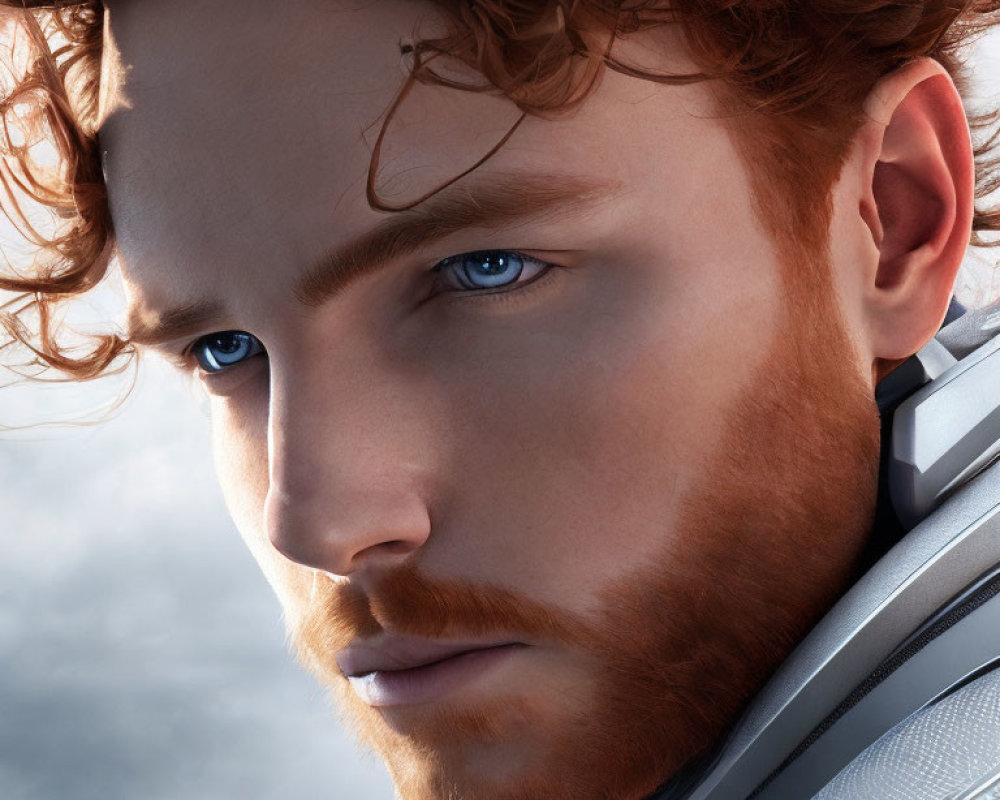 Man with Curly Red Hair in Futuristic Silver Armor under Cloudy Sky