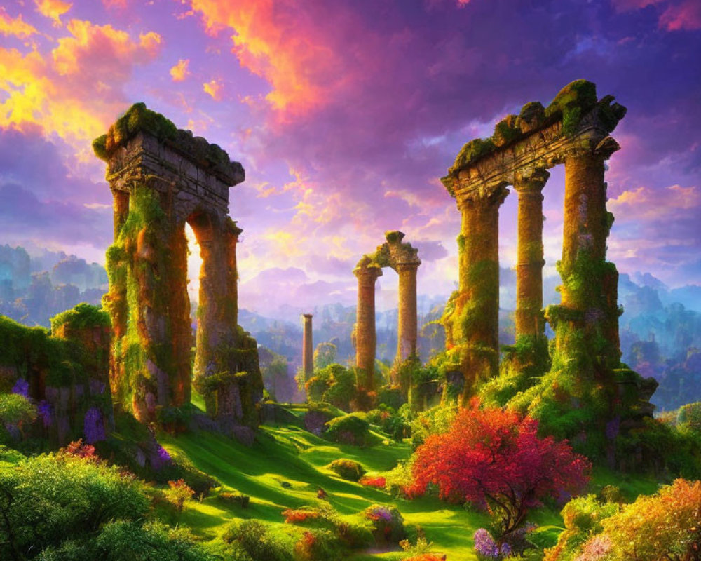 Ancient Stone Pillars in Vibrant Sunset Landscape