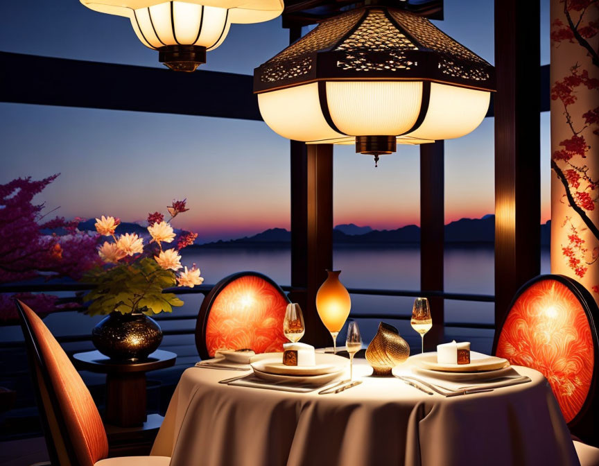 Traditional lanterns and cherry blossoms in elegant sunset dining setup