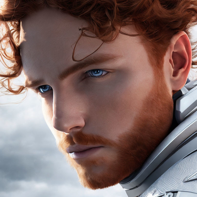 Man with Curly Red Hair in Futuristic Silver Armor under Cloudy Sky