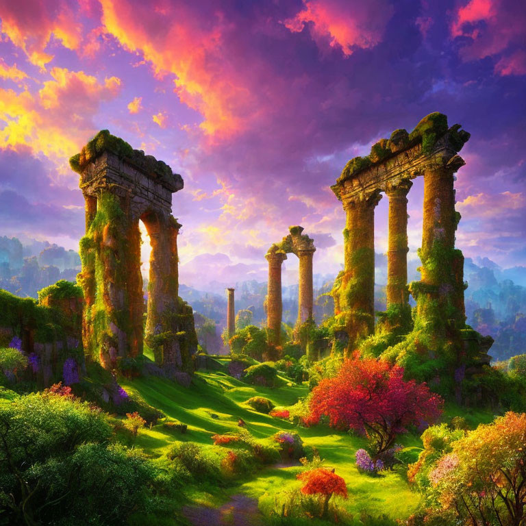 Ancient Stone Pillars in Vibrant Sunset Landscape