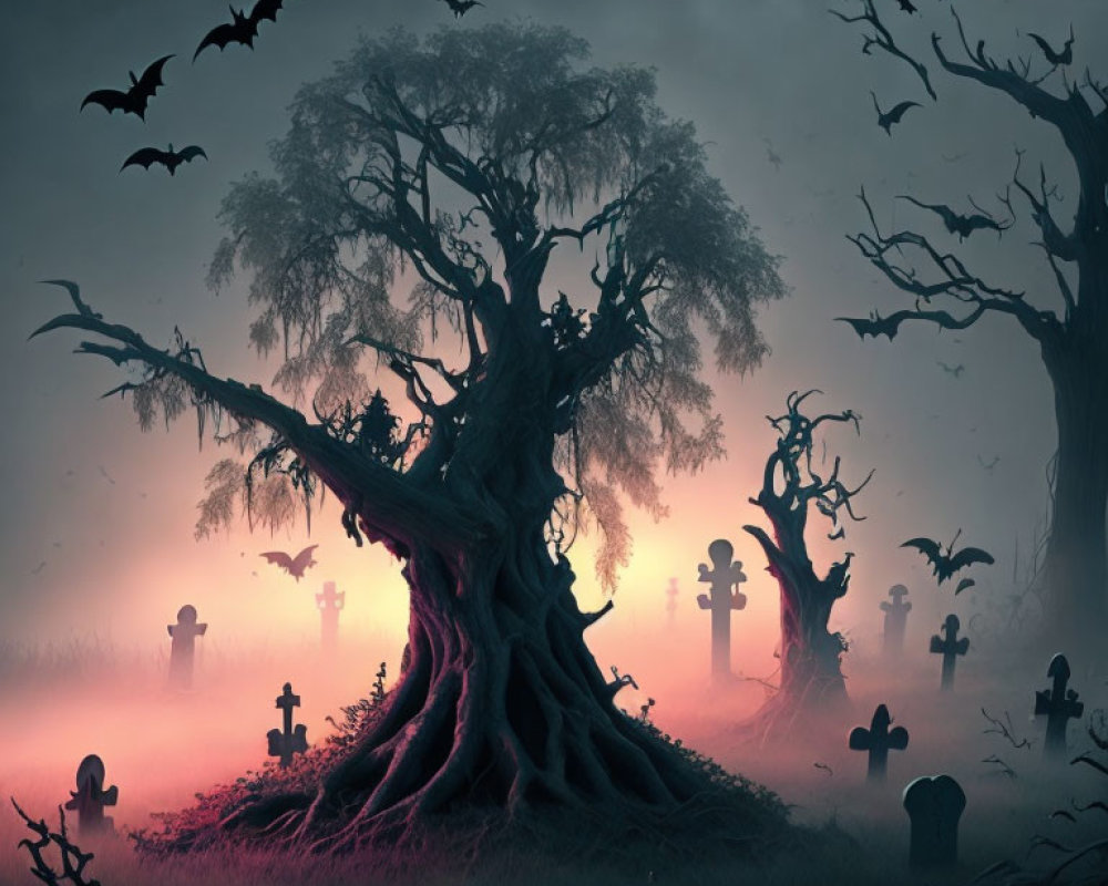 Eerie graveyard scene with twisted trees, tombstones, and bats at dusk