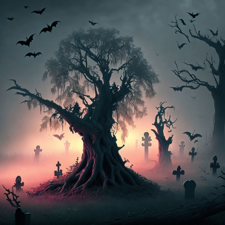 Eerie graveyard scene with twisted trees, tombstones, and bats at dusk