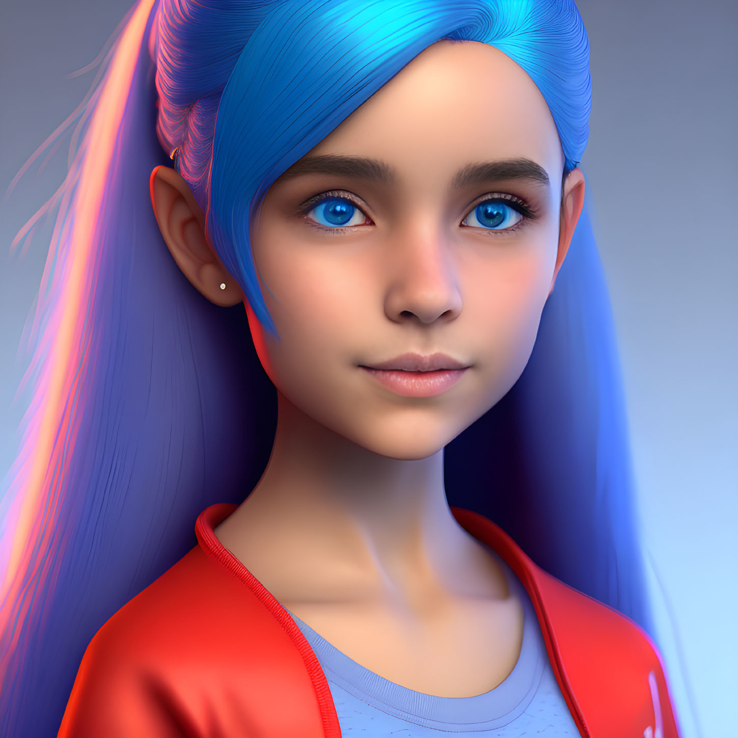 Portrait of girl with vibrant blue hair, blue eyes, red jacket, subtle smile, and stud e