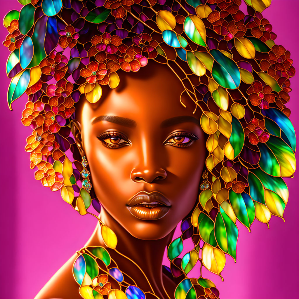 Colorful digital portrait: Woman with floral headdress on purple background