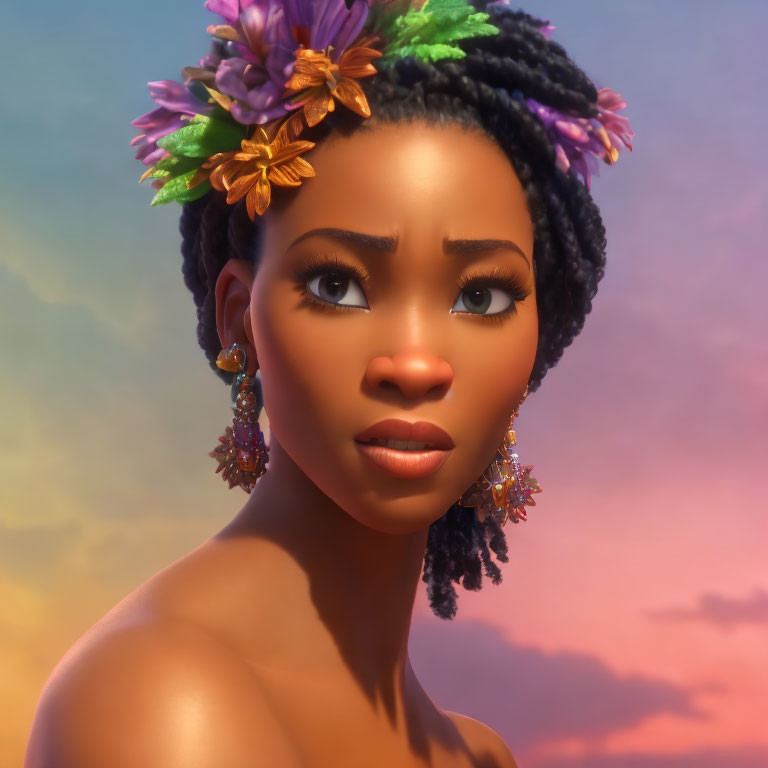 Digital artwork: Woman with floral headpiece and earrings on pastel sunset background