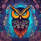 Colorful Owl Perched Among Patterned Leaves Illustration