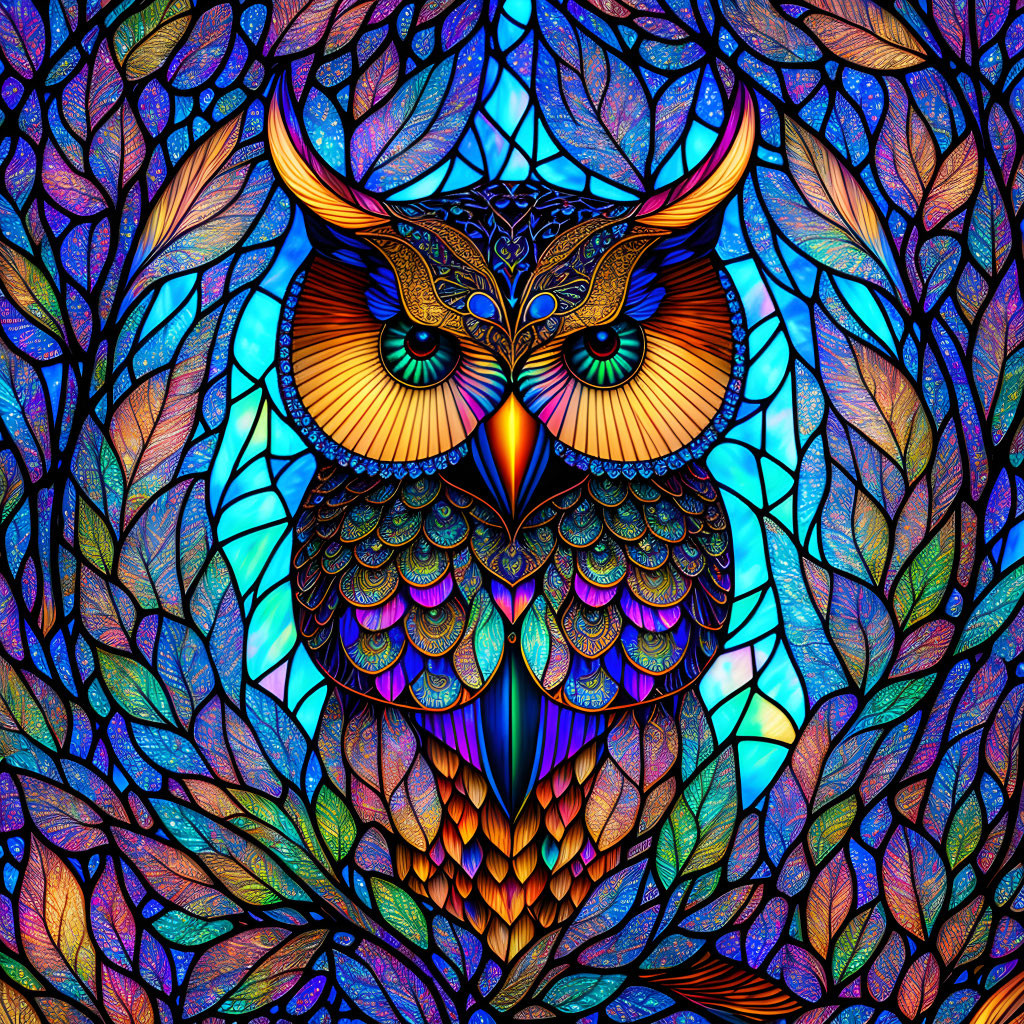 Colorful Owl Perched Among Patterned Leaves Illustration