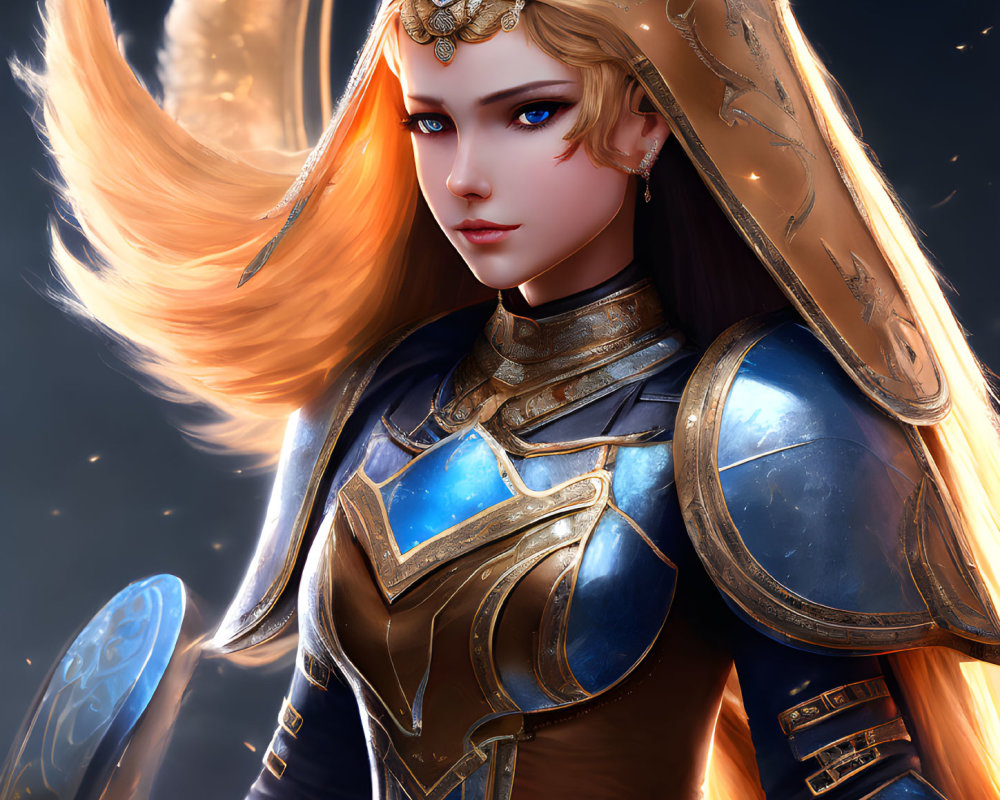 Digital artwork of a female knight in blue and gold armor