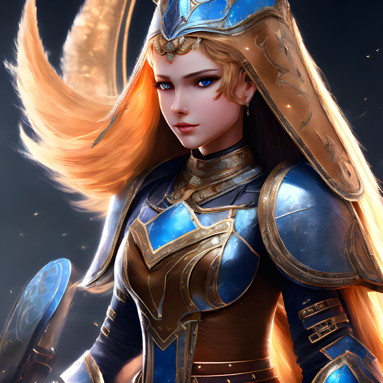 Digital artwork of a female knight in blue and gold armor