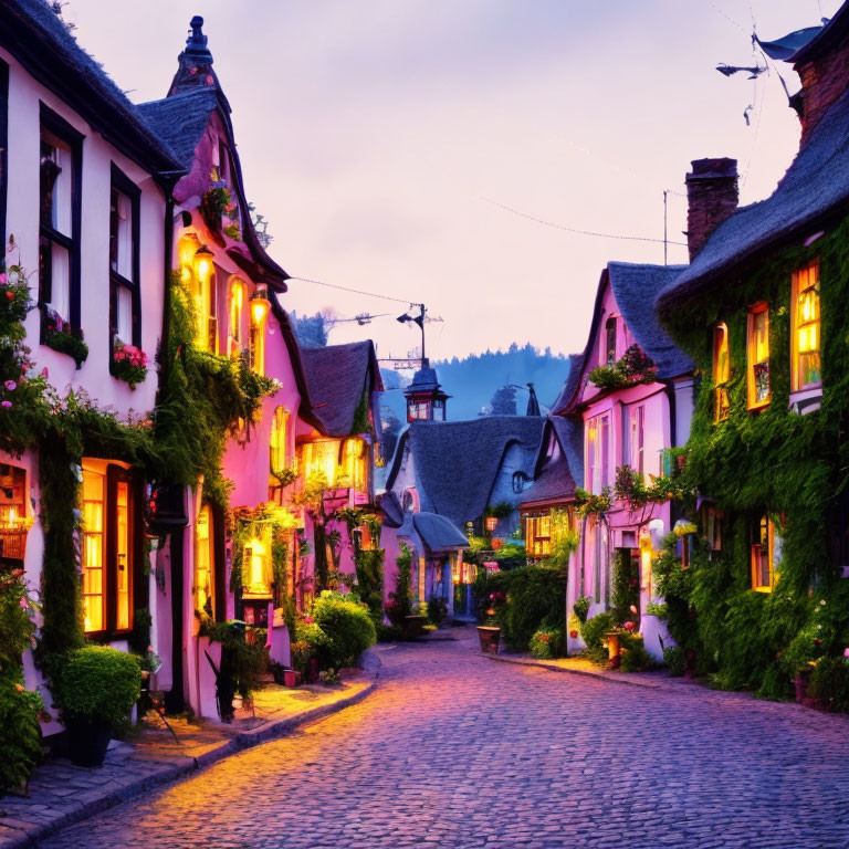 Charming Dusk Scene: Cobblestone Village Street, Glowing Houses, Flower Baskets