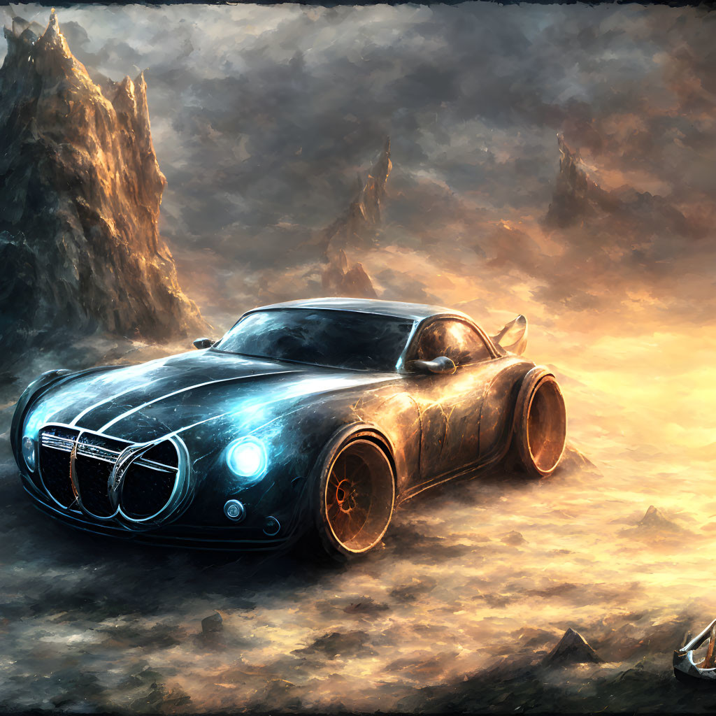 Futuristic car with glowing wheels on rocky terrain at dusk