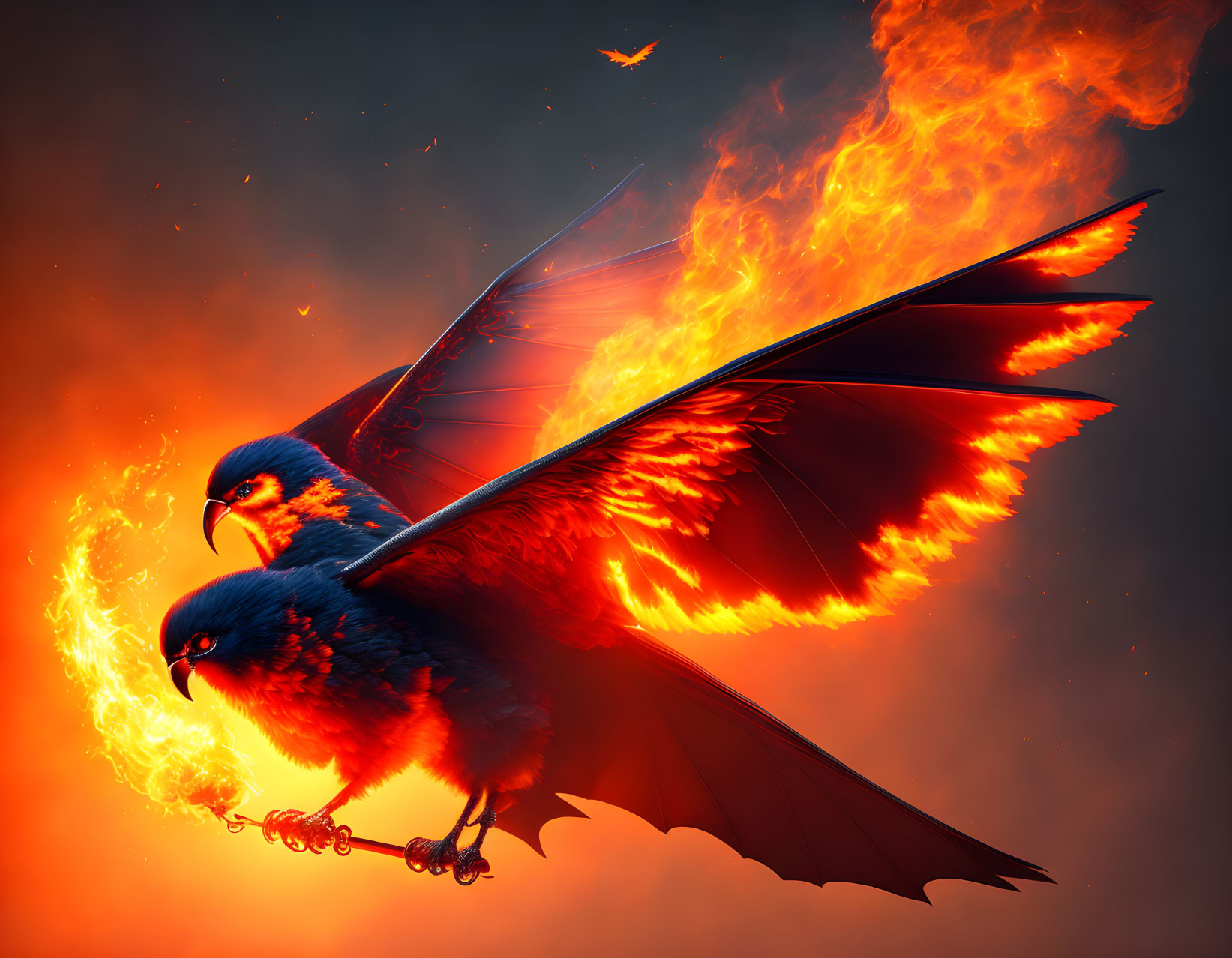 Digital Artwork: Two Phoenixes Flying with Fiery Wings on Red and Orange Background