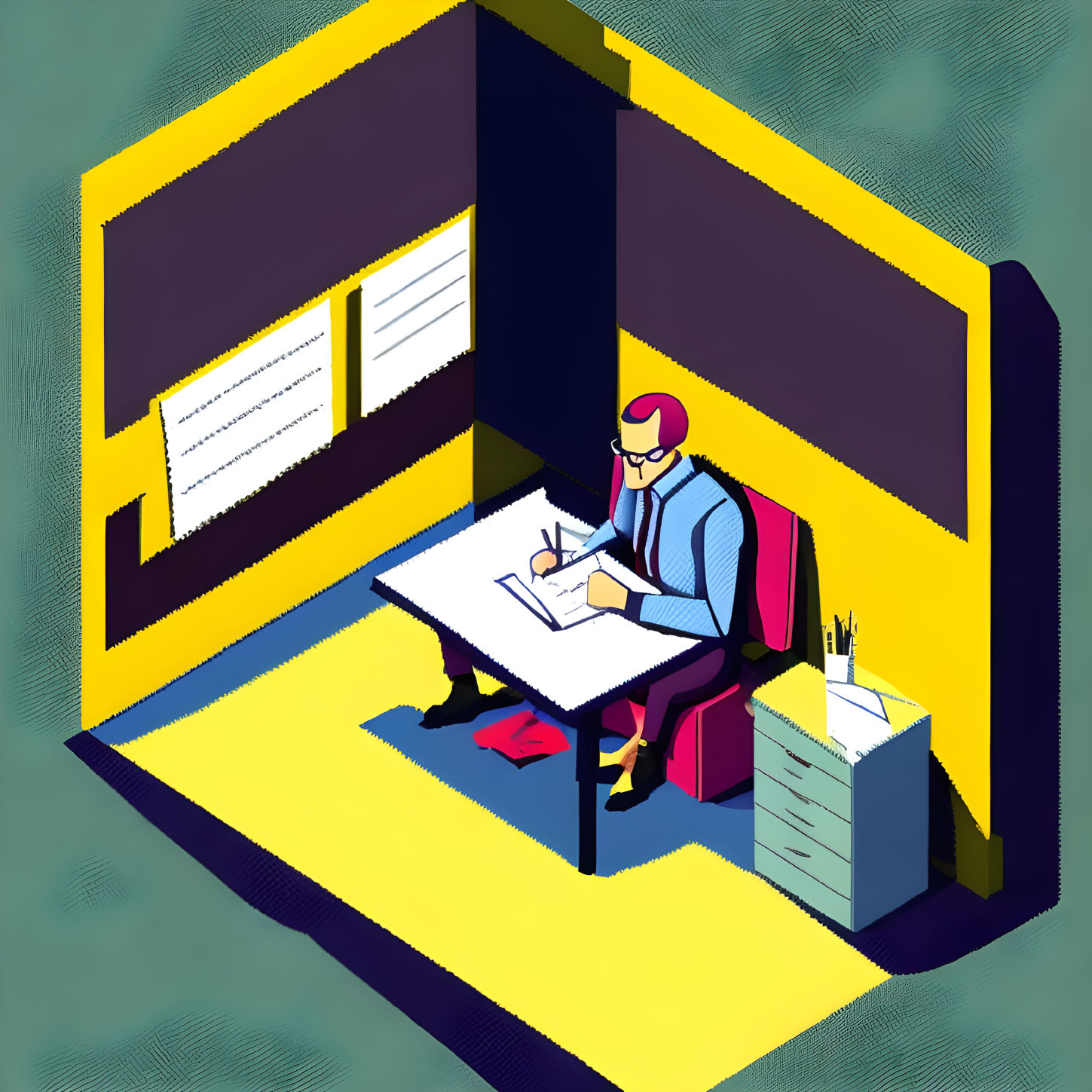 Illustration of person in private office cubicle working at desk