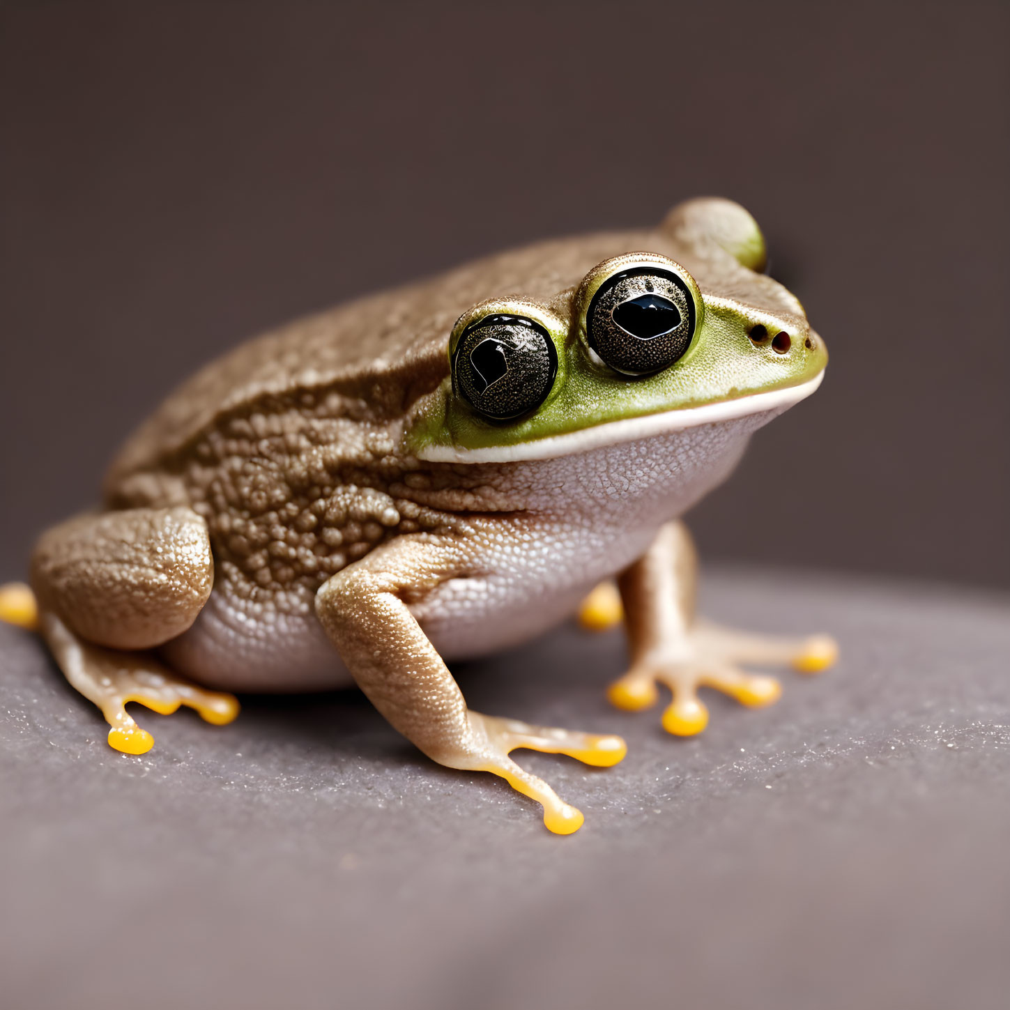 Green frog with large eyes and yellow accents on limbs in close-up shot.