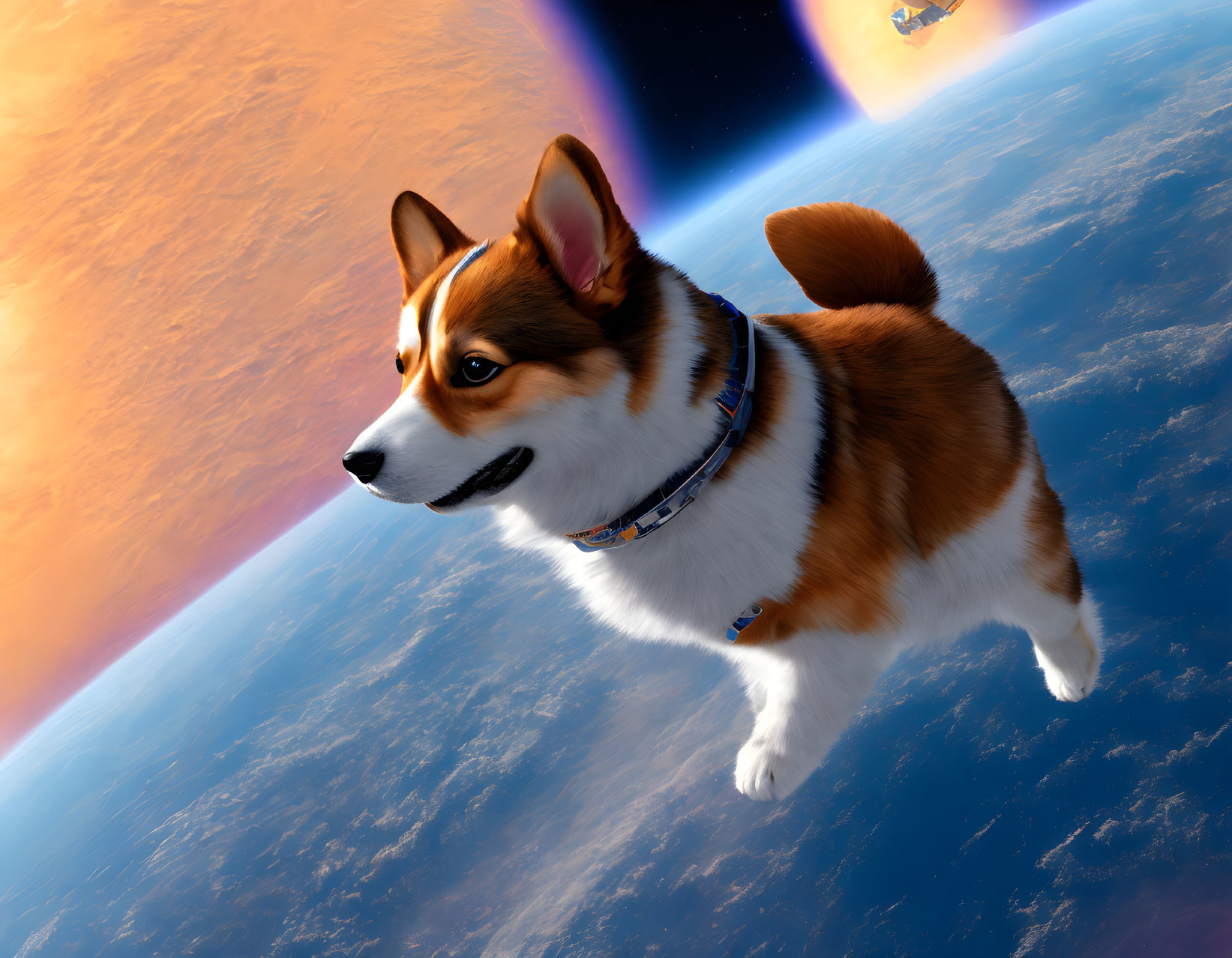 Corgi Dog Floating in Space with Earth and Sunrise Background