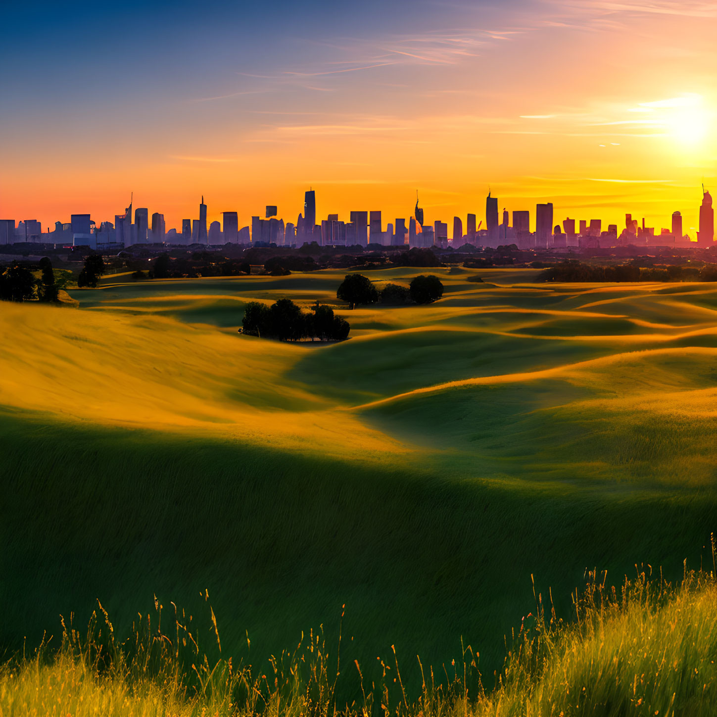 Green hills and city skyline against orange sunset background.