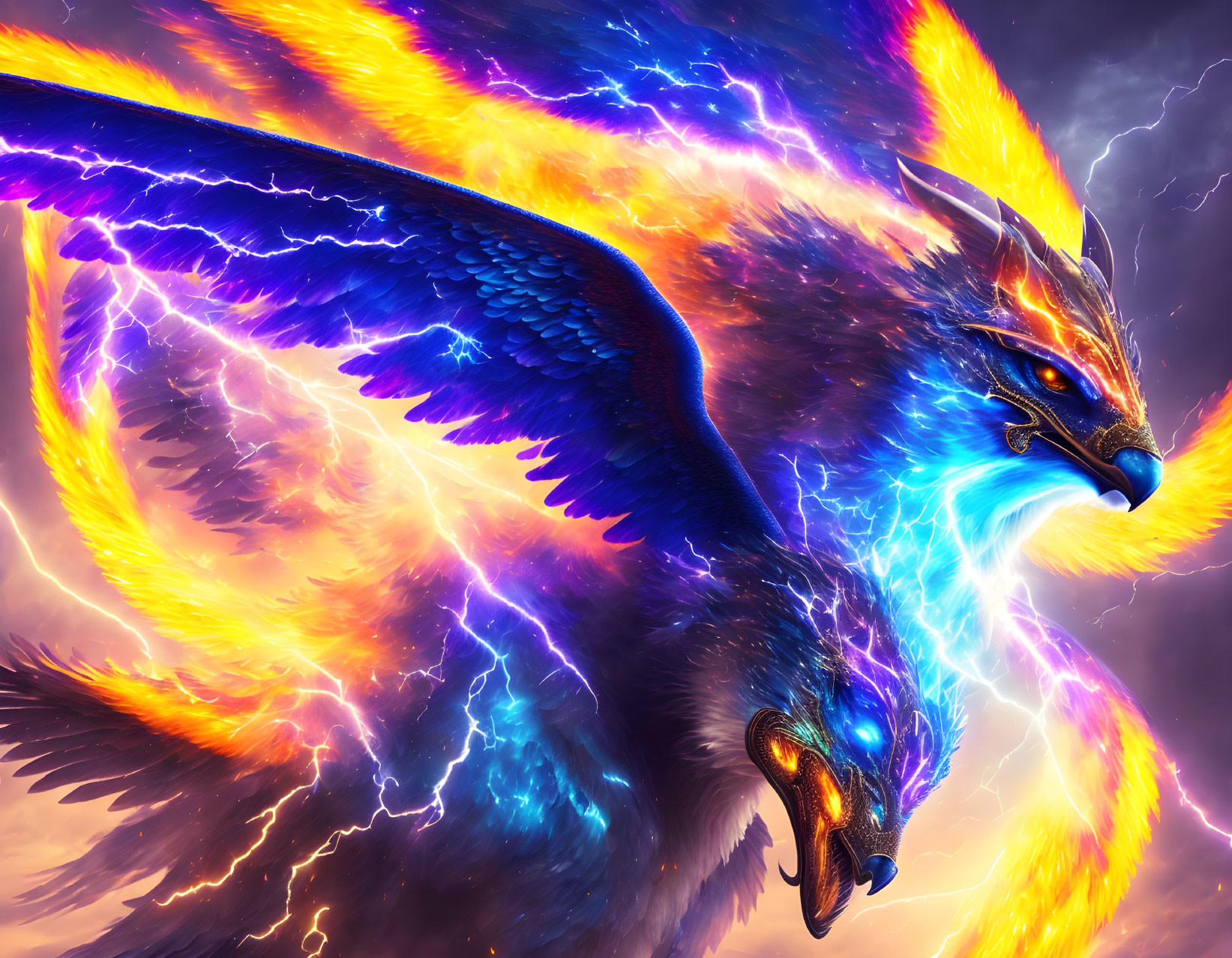 Mythical phoenix digital artwork with blue and orange feathers in stormy sky