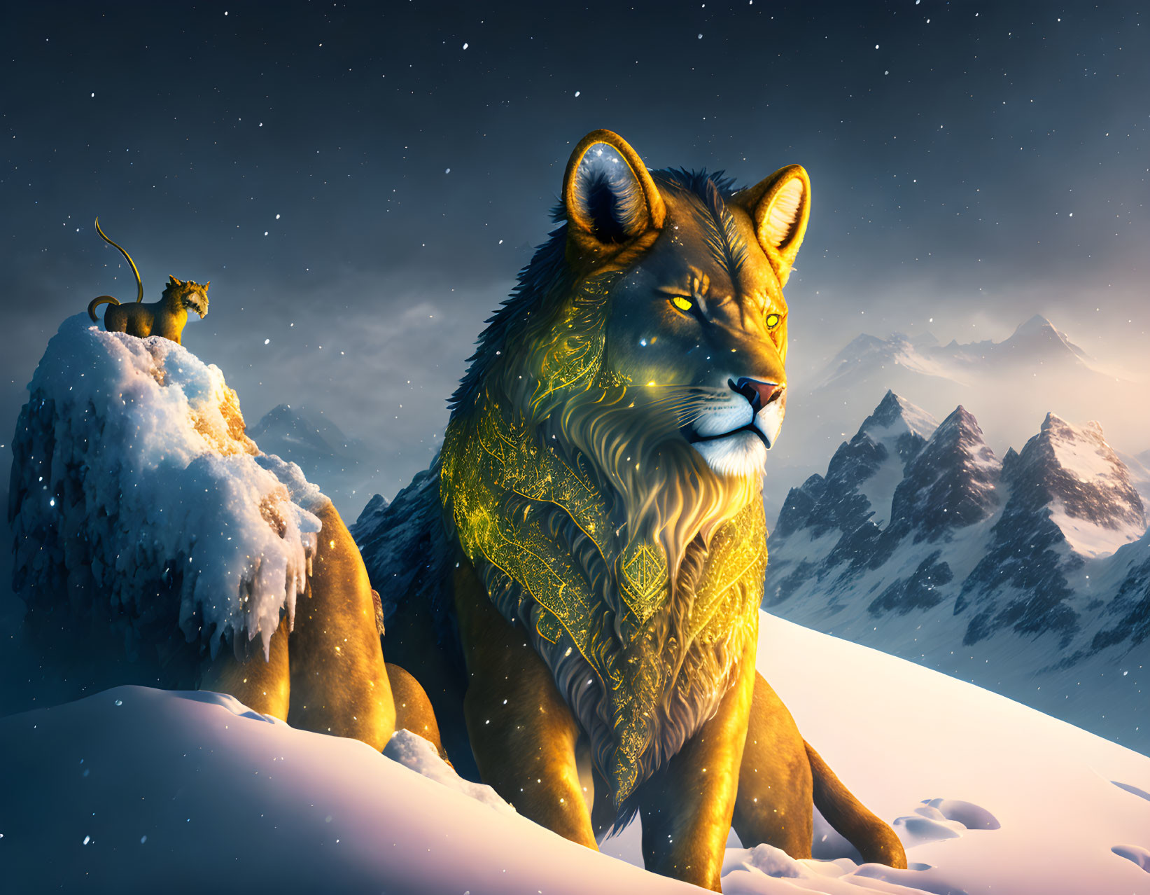 Majestic lion and cub in snowy night landscape