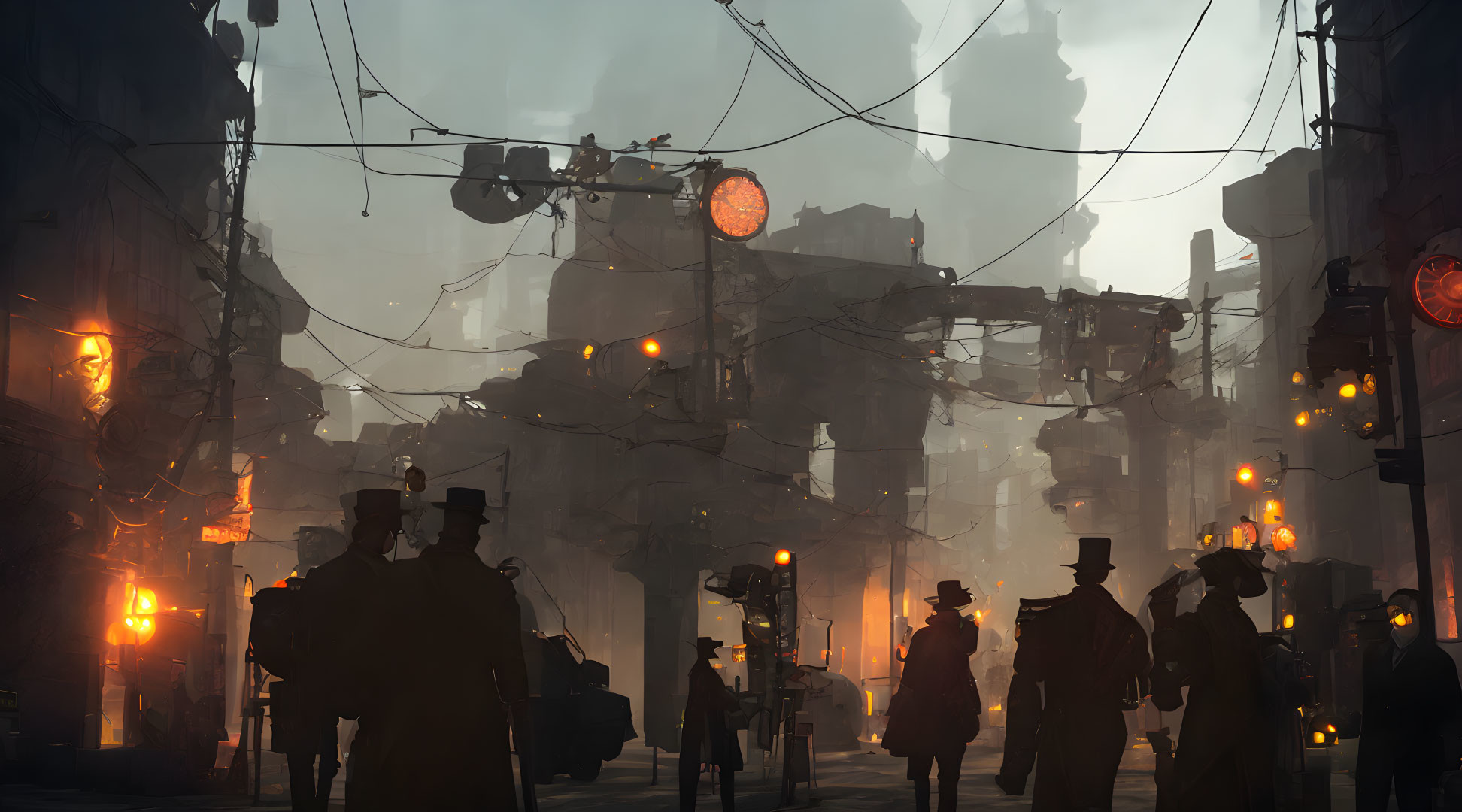 Dystopian cityscape with silhouetted figures and illuminated street lamps