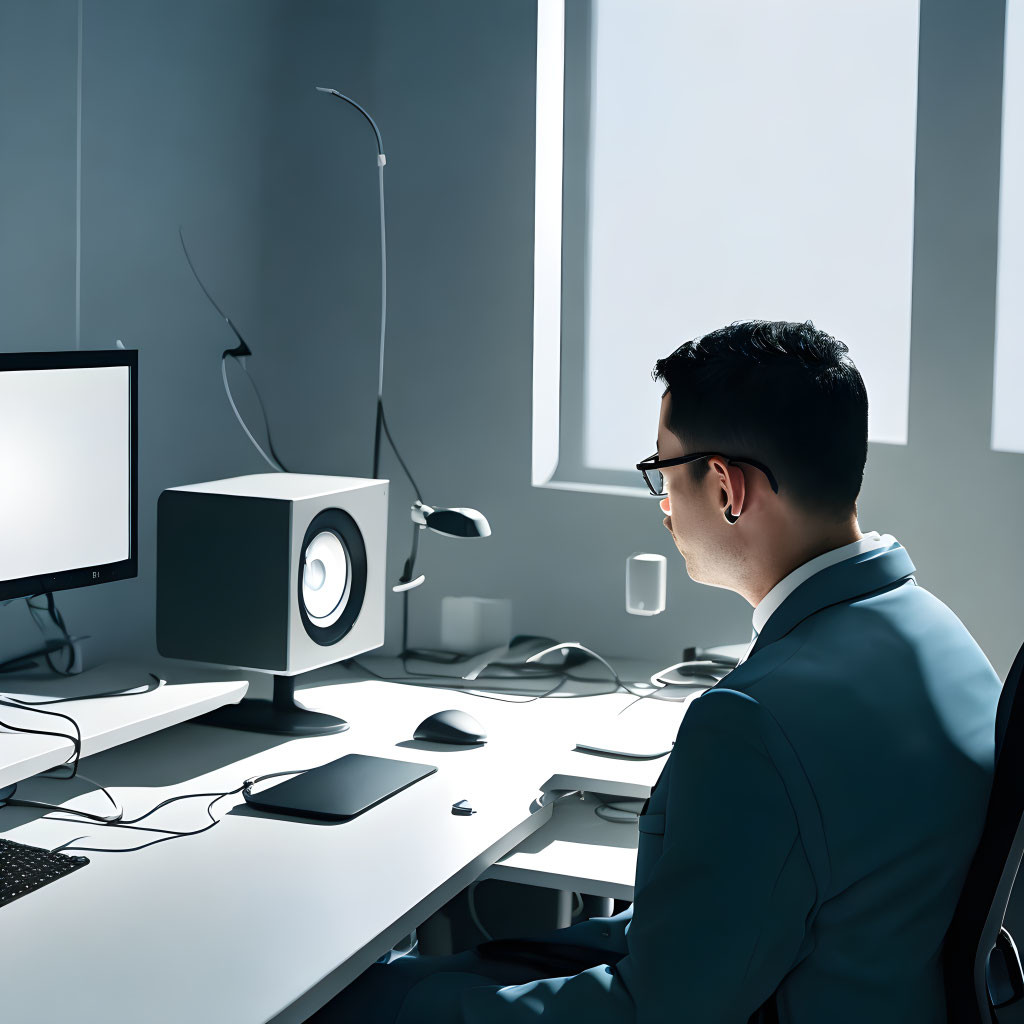 Modern workspace with man in suit and office equipment under natural light